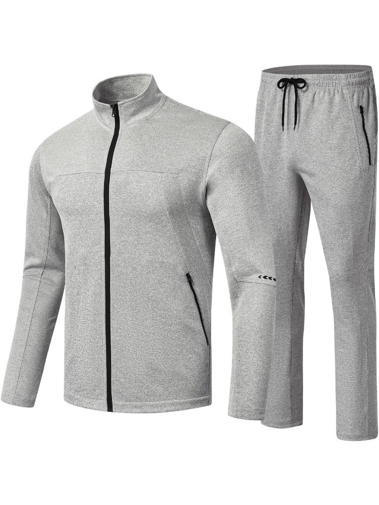 Men's 2 Piece Suit Light Grey Slant Pocket Long Sleeve Sweatsuits Full Zip Sets